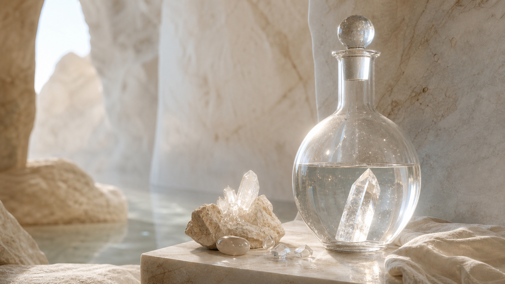 Élixir de cristal de roche sur un autel baigné d'une lumière douce