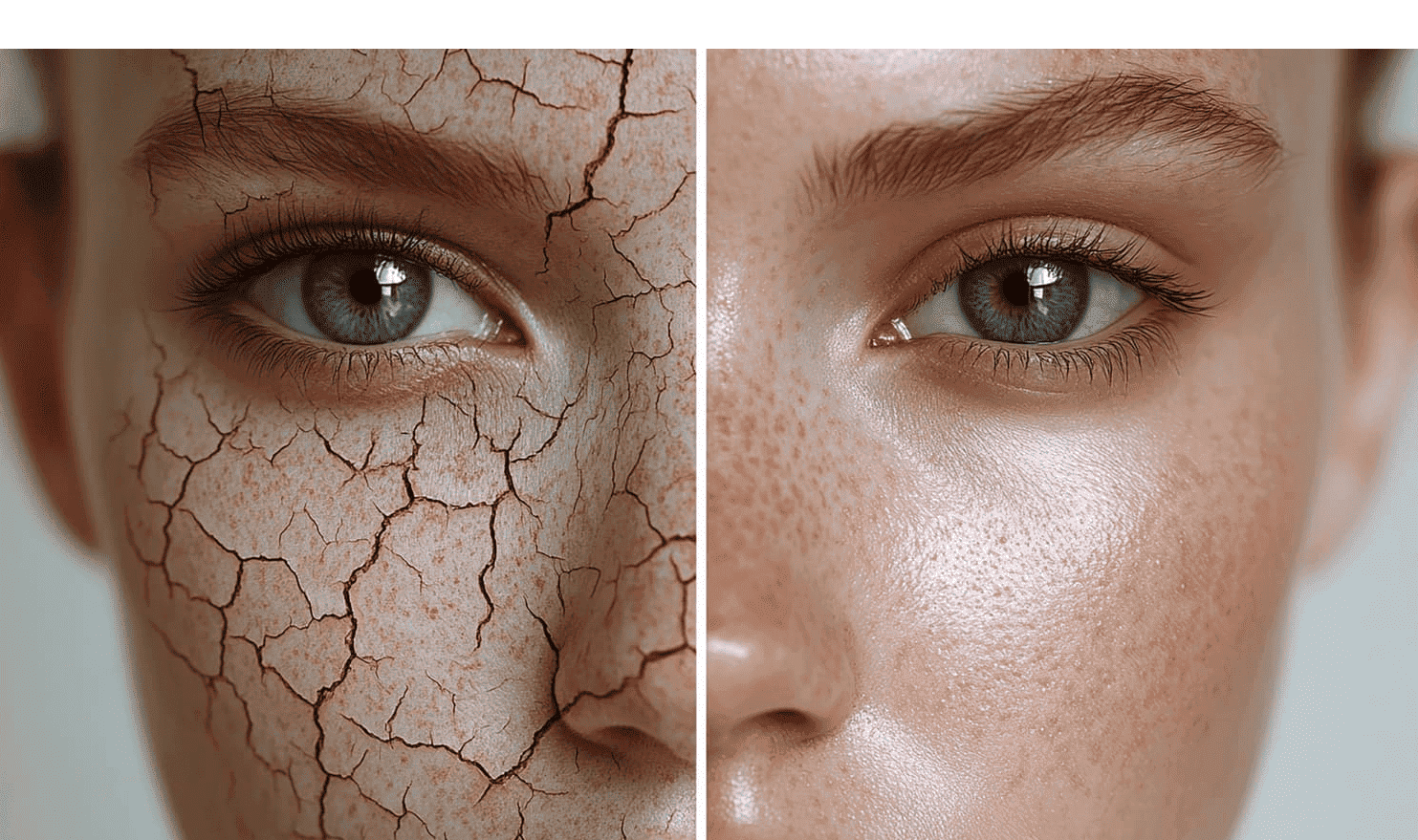 Peau du visage sèche vue de près, illustrant un besoin d'hydratation